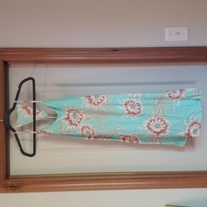 Teal cotton dress with cream and burnt orange flowers